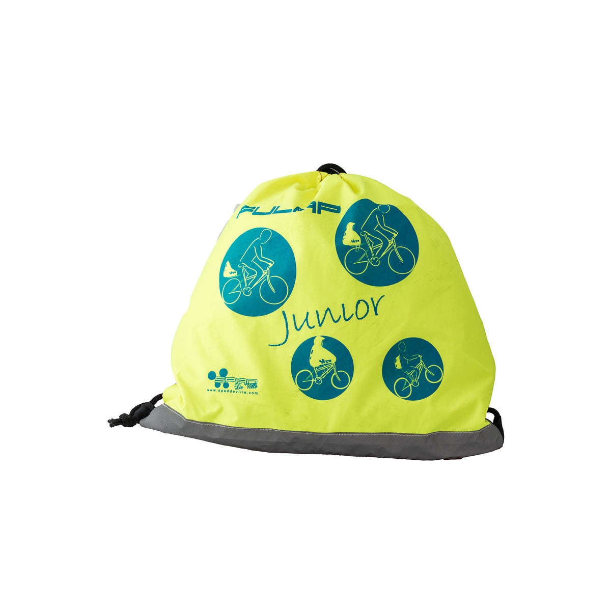 SPAD De Ville FULAP Junior la cape de pluie vélo multiusages pour les enfants de 1 à 12 ans bleu pétrol motifs rétroréfléchissants bleu dans son sac de rangement Jaune fluo haute visibilité qui se porte au dos et permet de ranger le casque