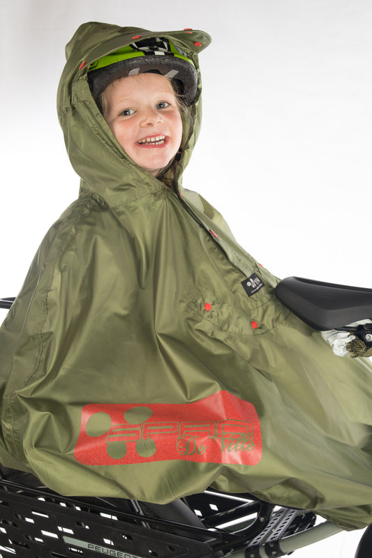 FULAP Junior - Cape de pluie vélo enfant Vert Olive / motifs rouges
