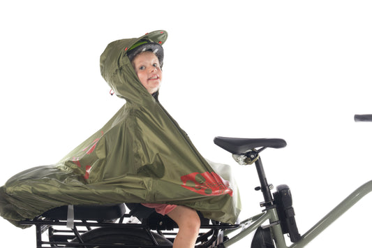 FULAP Junior - Cape de pluie vélo enfant Vert Olive / motifs rouges